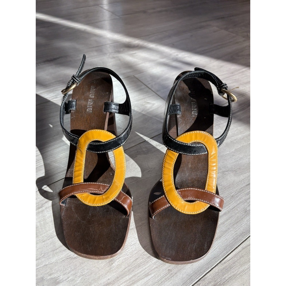 Miu Miu Colorblock Strap Women's Patent Leather Sandal Sz 38 Stacked Wood Heel - Picture 9 of 9